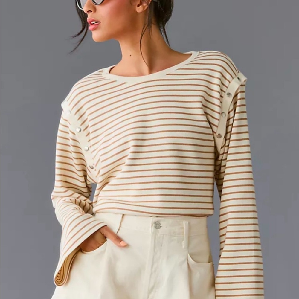 Maeve by Anthropologie Cream and Brown Striped Knit Top